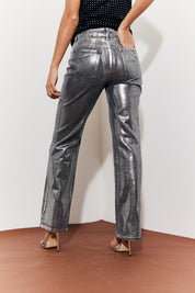 Wide Leg Silver Foil Detail High Waisted Jeans