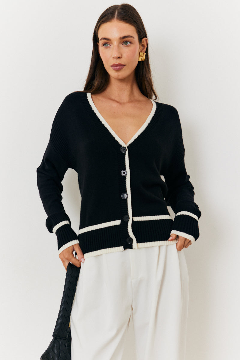 Contrast Binding Split Cardigan With Belt