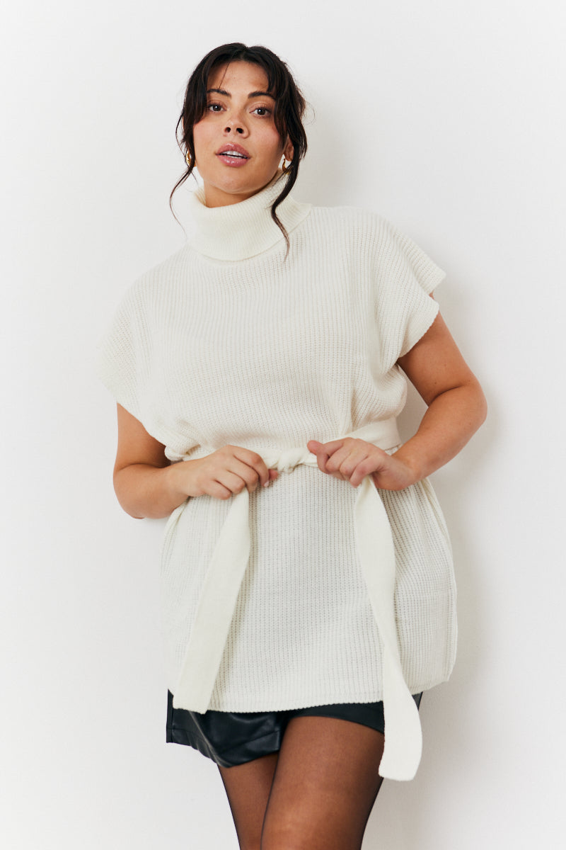 Roll Neck Belted Knit Longline Jumper