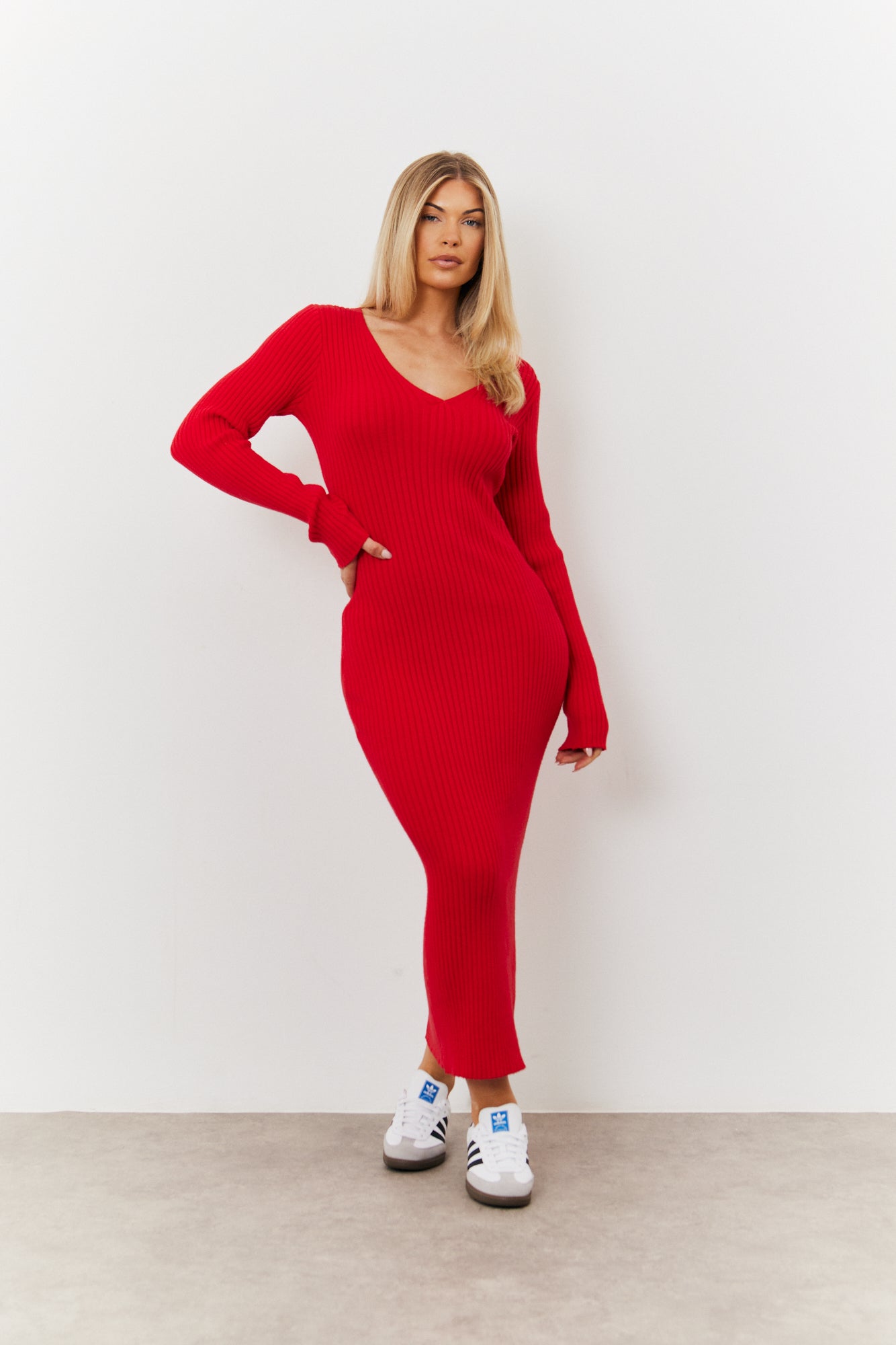 V Neck Rib Maxi Long Sleeve Dress