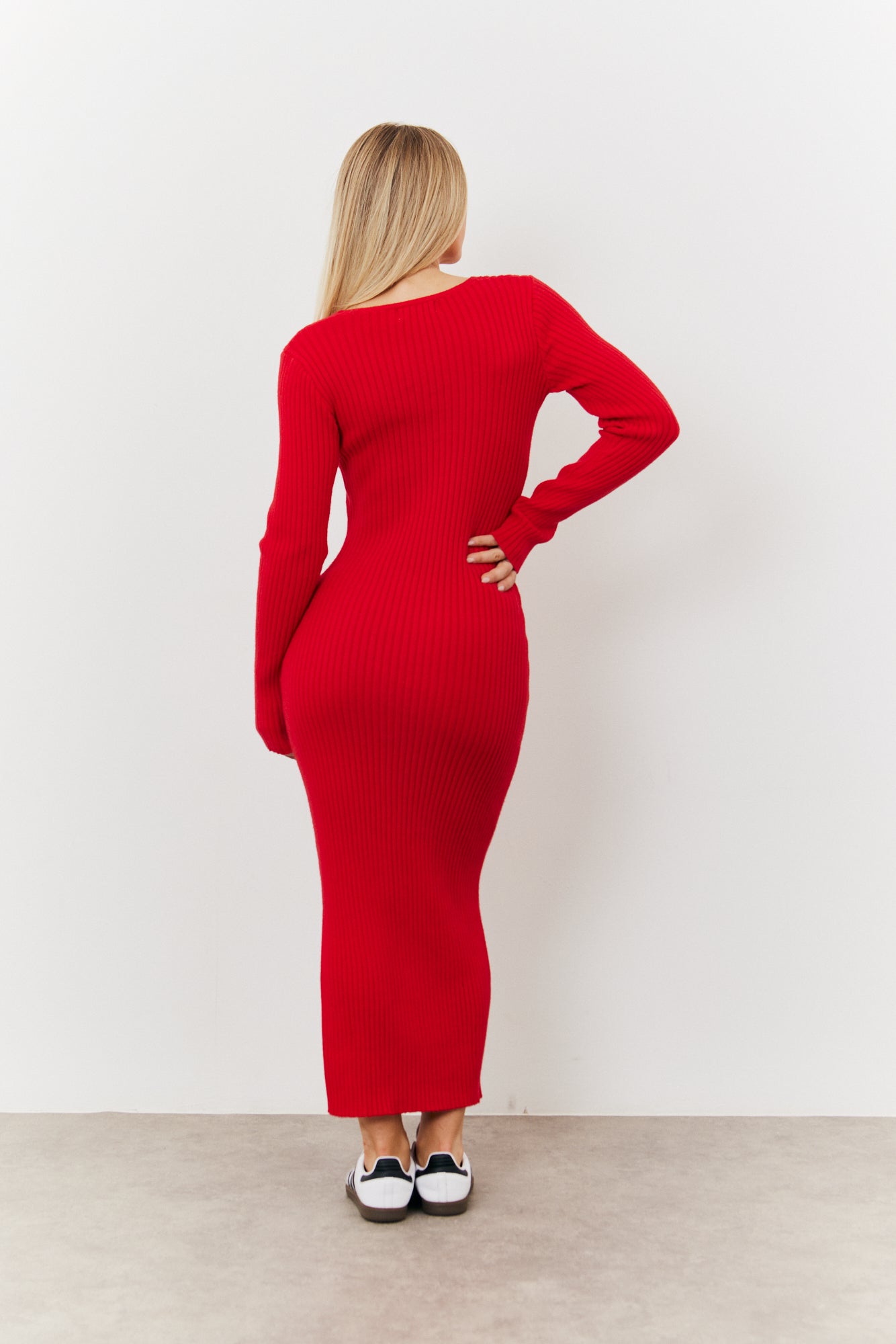V Neck Rib Maxi Long Sleeve Dress