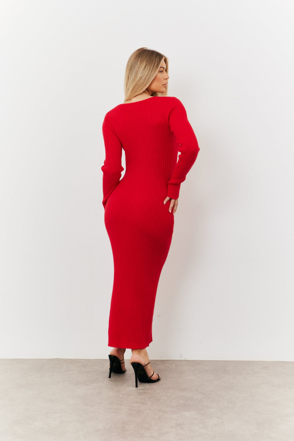 V Neck Rib Maxi Long Sleeve Dress