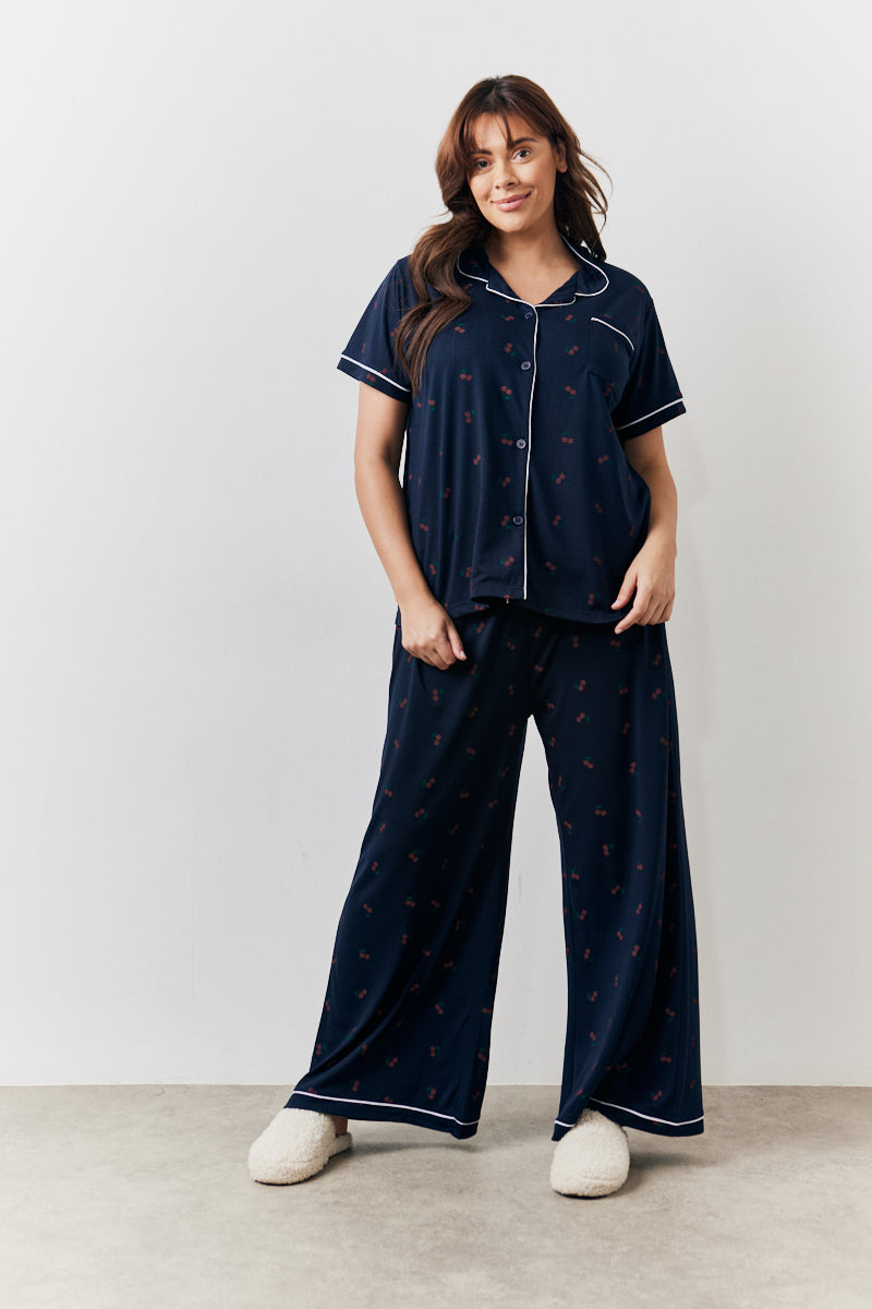 Navy Cherry Print Button Through Trouser Pj Set