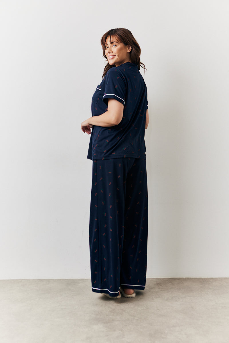 Navy Cherry Print Button Through Trouser Pj Set