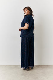 Navy Cherry Print Button Through Trouser Pj Set