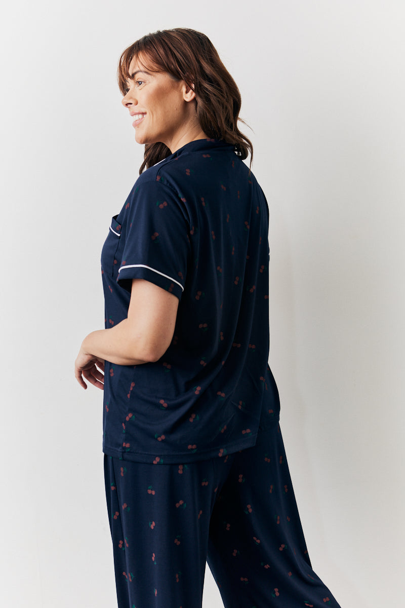 Navy Cherry Print Button Through Trouser Pj Set