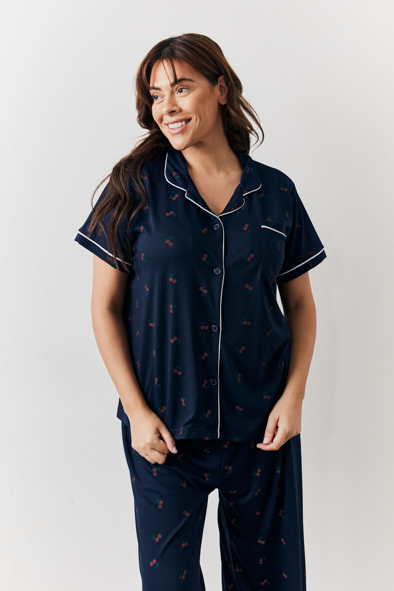Navy Cherry Print Button Through Trouser Pj Set