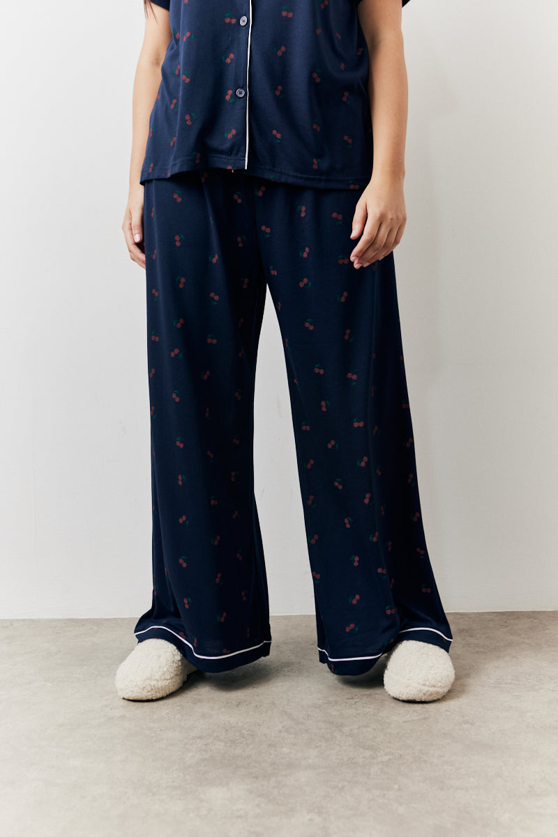 Navy Cherry Print Button Through Trouser Pj Set