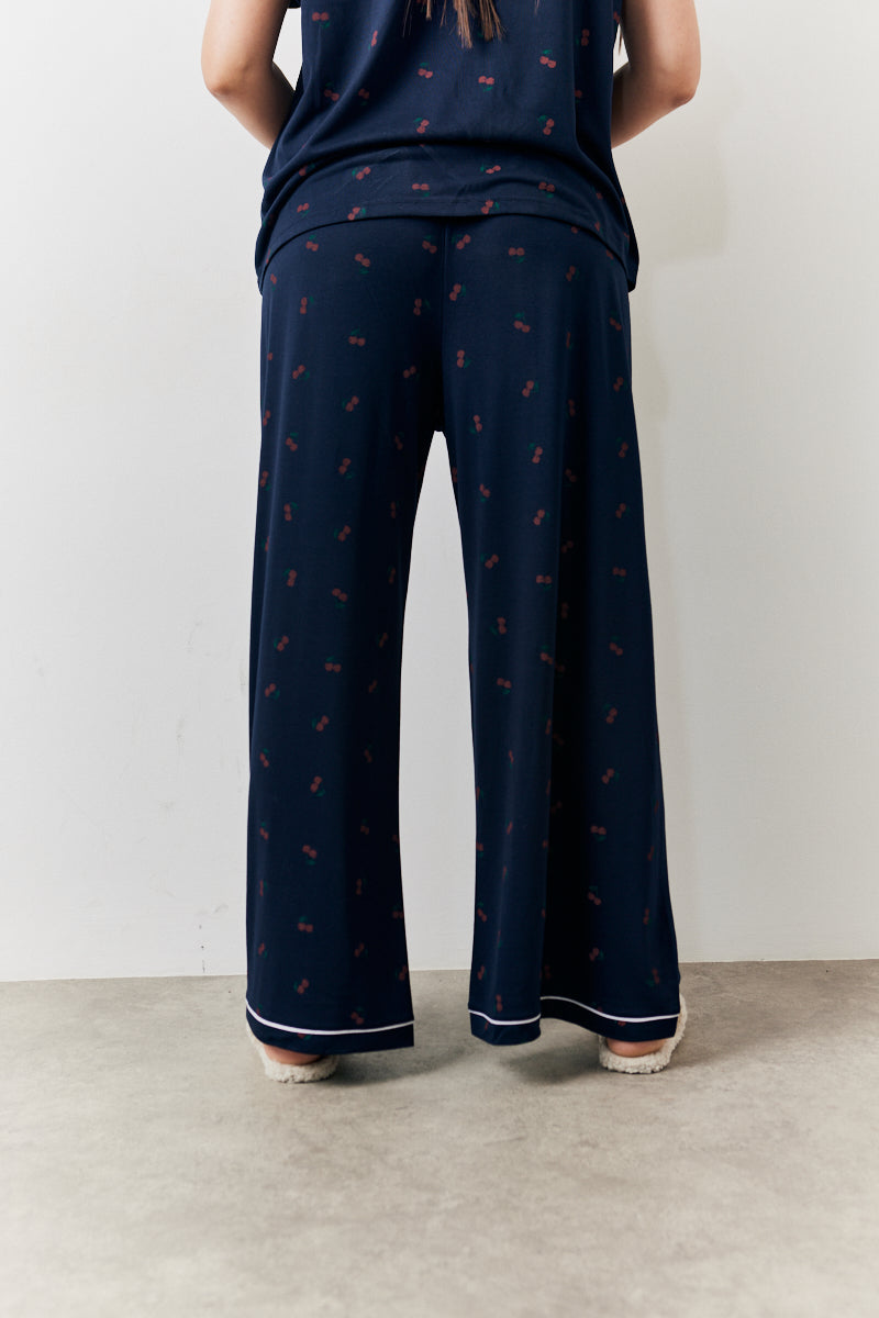 Navy Cherry Print Button Through Trouser Pj Set