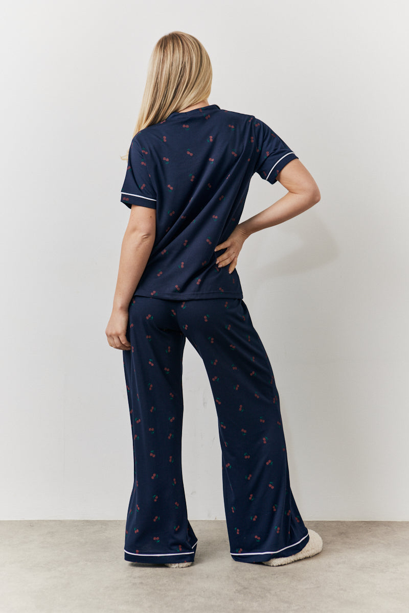 Navy Cherry Print Button Through Trouser Pj Set