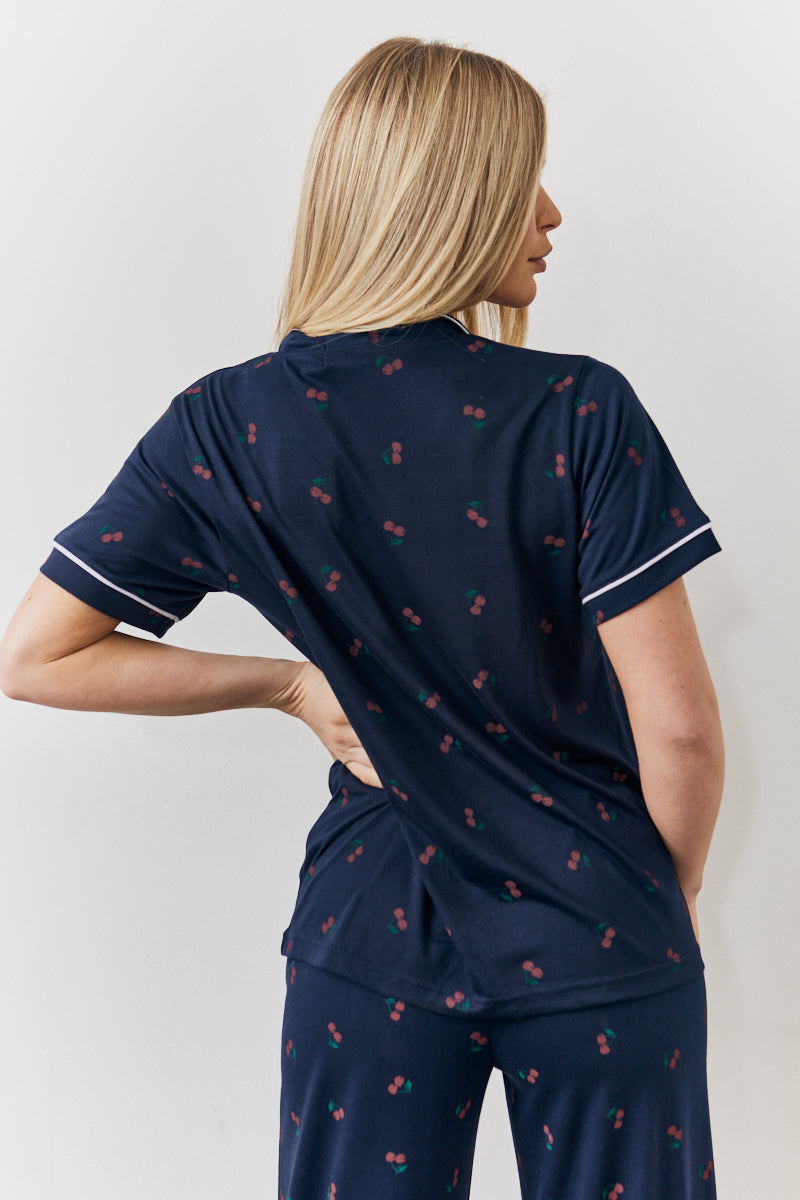 Navy Cherry Print Button Through Trouser Pj Set