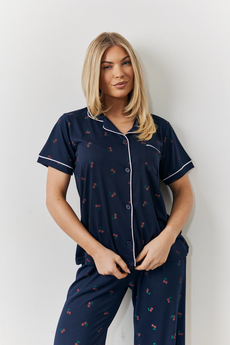 Navy Cherry Print Button Through Trouser Pj Set