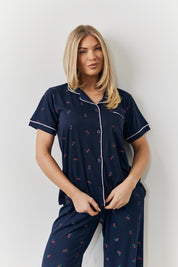 Navy Cherry Print Button Through Trouser Pj Set