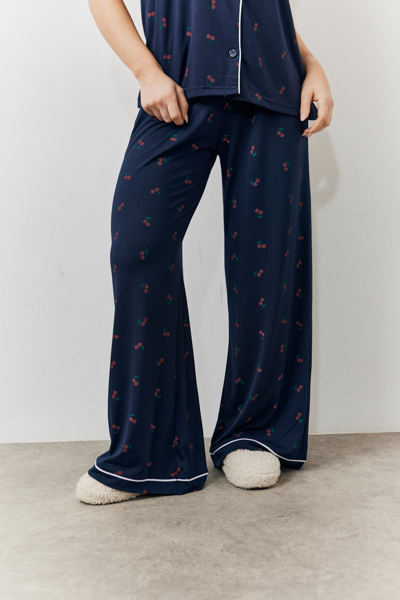 Navy Cherry Print Button Through Trouser Pj Set