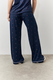 Navy Cherry Print Button Through Trouser Pj Set