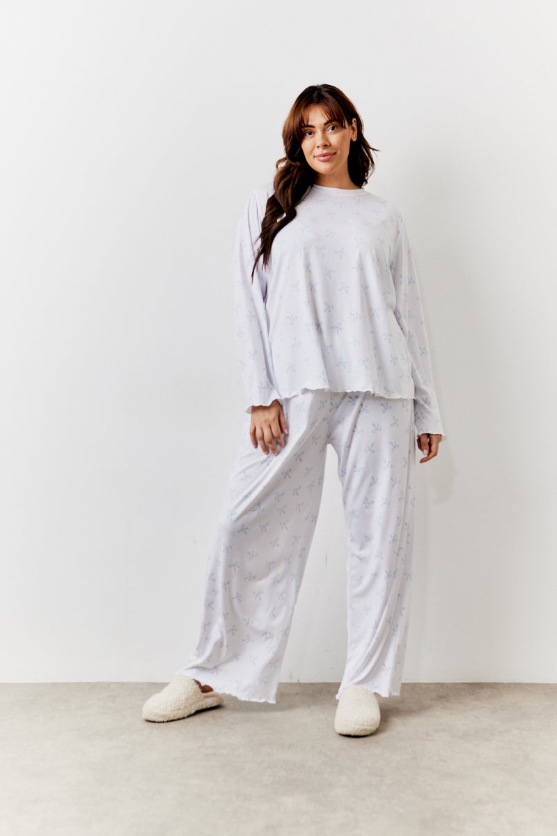 White Bow Print Long Sleeve Top and Trouser Pj Set