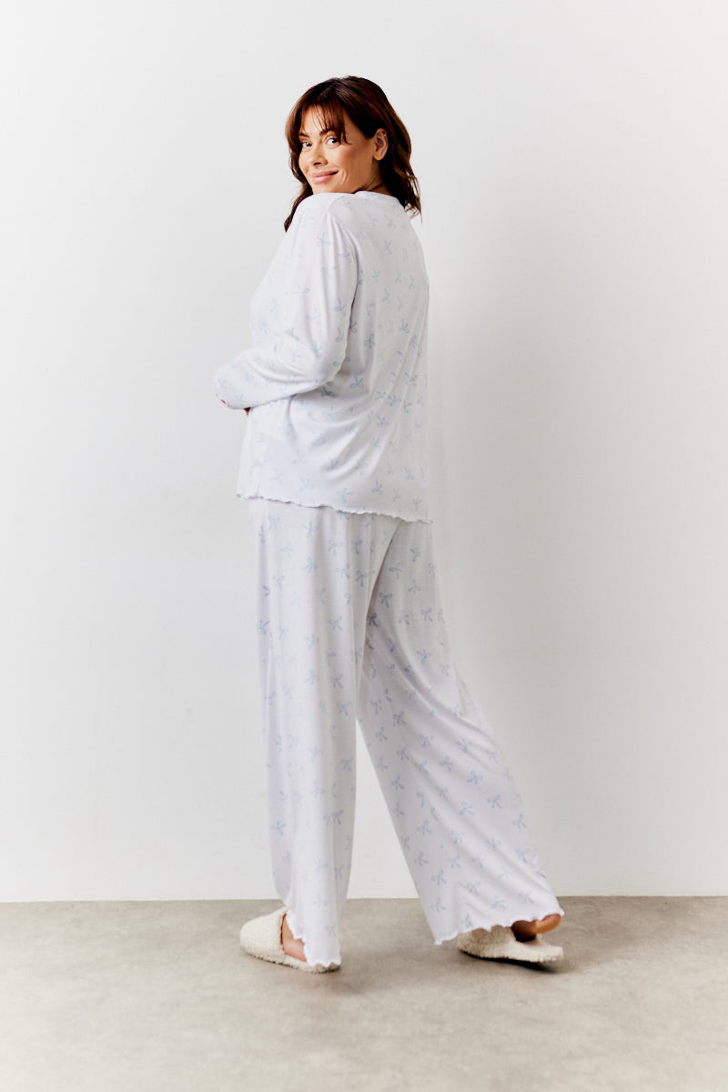 White Bow Print Long Sleeve Top and Trouser Pj Set