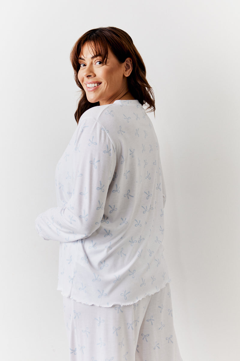 White Bow Print Long Sleeve Top and Trouser Pj Set