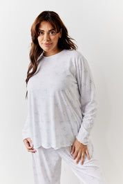 White Bow Print Long Sleeve Top and Trouser Pj Set