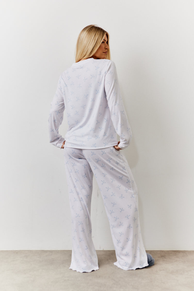 White Bow Print Long Sleeve Top and Trouser Pj Set