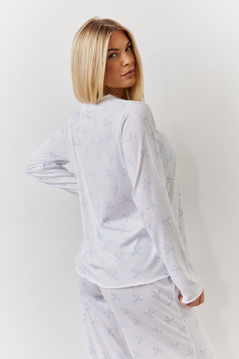 White Bow Print Long Sleeve Top and Trouser Pj Set