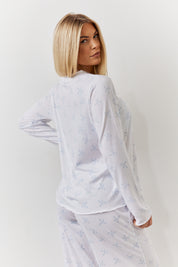 White Bow Print Long Sleeve Top and Trouser Pj Set
