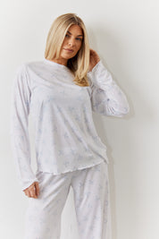 White Bow Print Long Sleeve Top and Trouser Pj Set