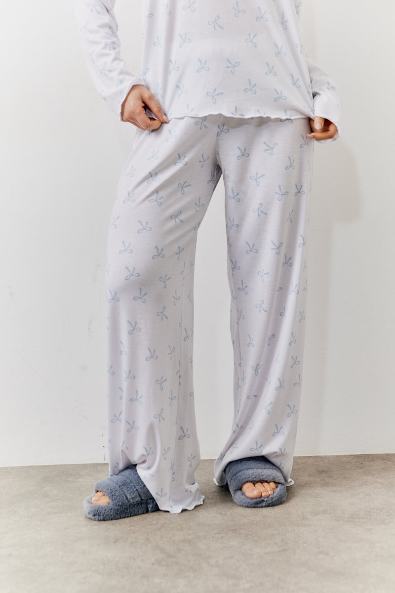 White Bow Print Long Sleeve Top and Trouser Pj Set