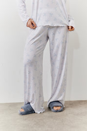 White Bow Print Long Sleeve Top and Trouser Pj Set