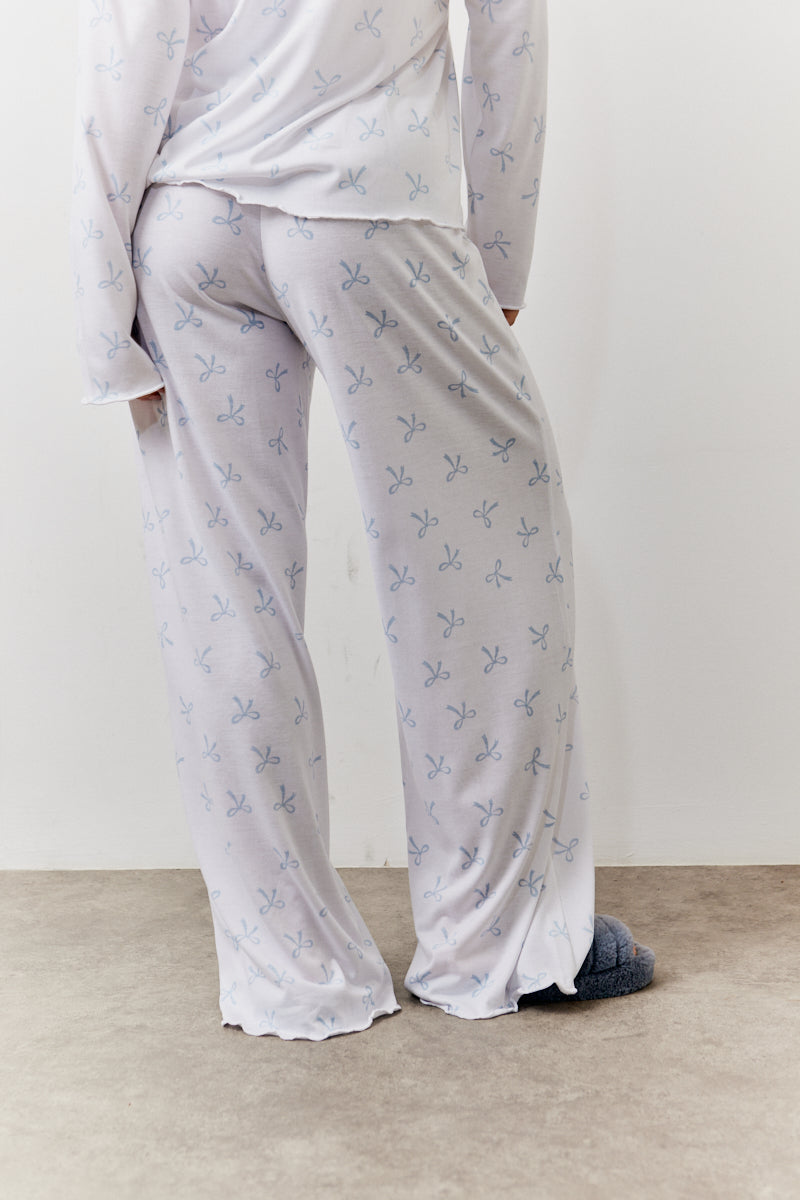 White Bow Print Long Sleeve Top and Trouser Pj Set