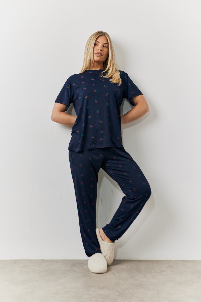 Pj Sets Jogger Style Pajamas Navy Cherry Print T Shirt And Cuff