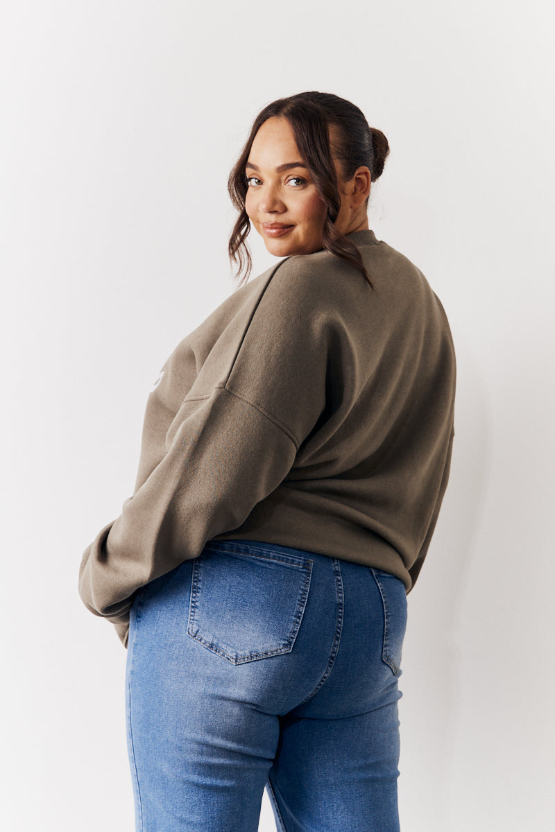 Embroidered Boston Slogan Crew Neck Sweater