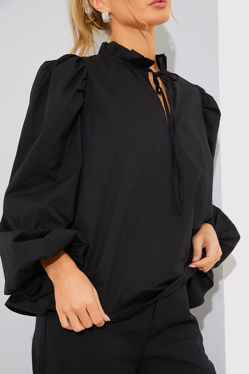 Cotton Puff Sleeve Tie Front Blouse
