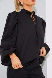 Cotton Puff Sleeve Tie Front Blouse