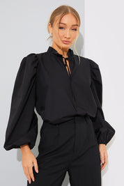 Cotton Puff Sleeve Tie Front Blouse