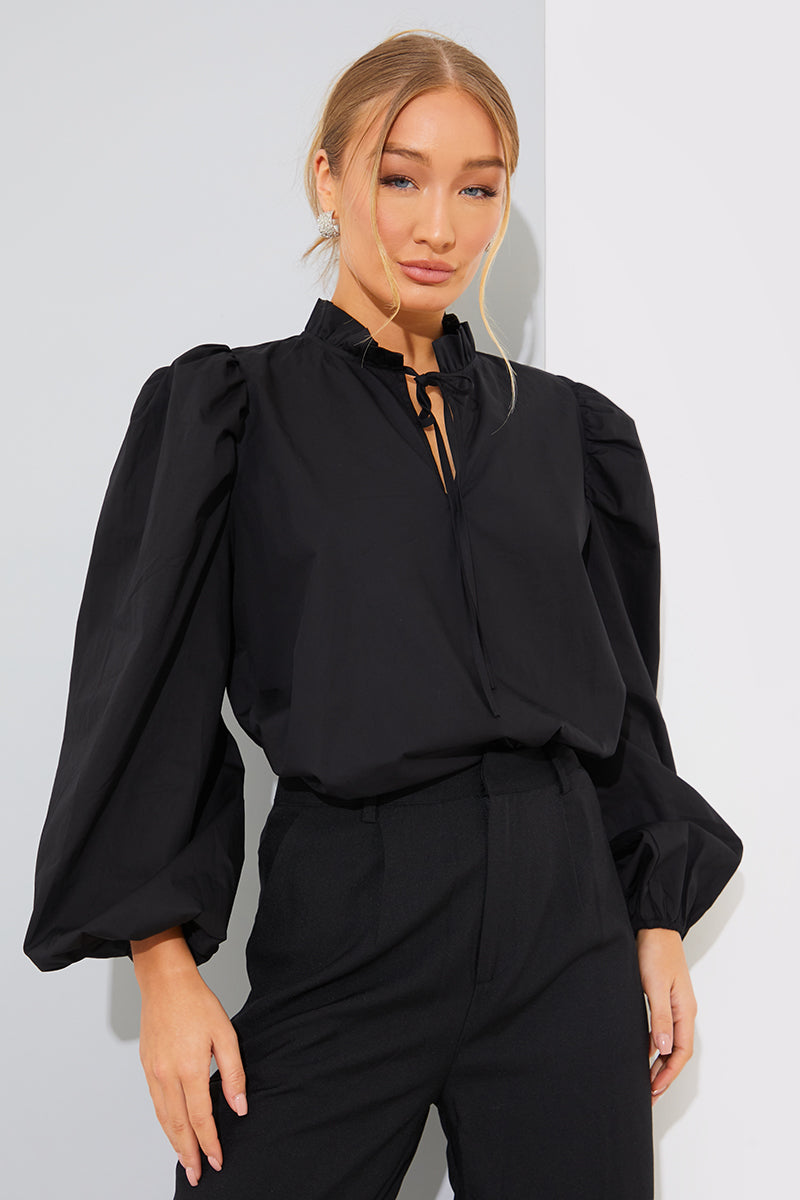 Cotton Puff Sleeve Tie Front Blouse