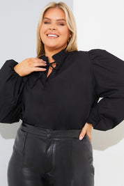 Cotton Puff Sleeve Tie Front Blouse