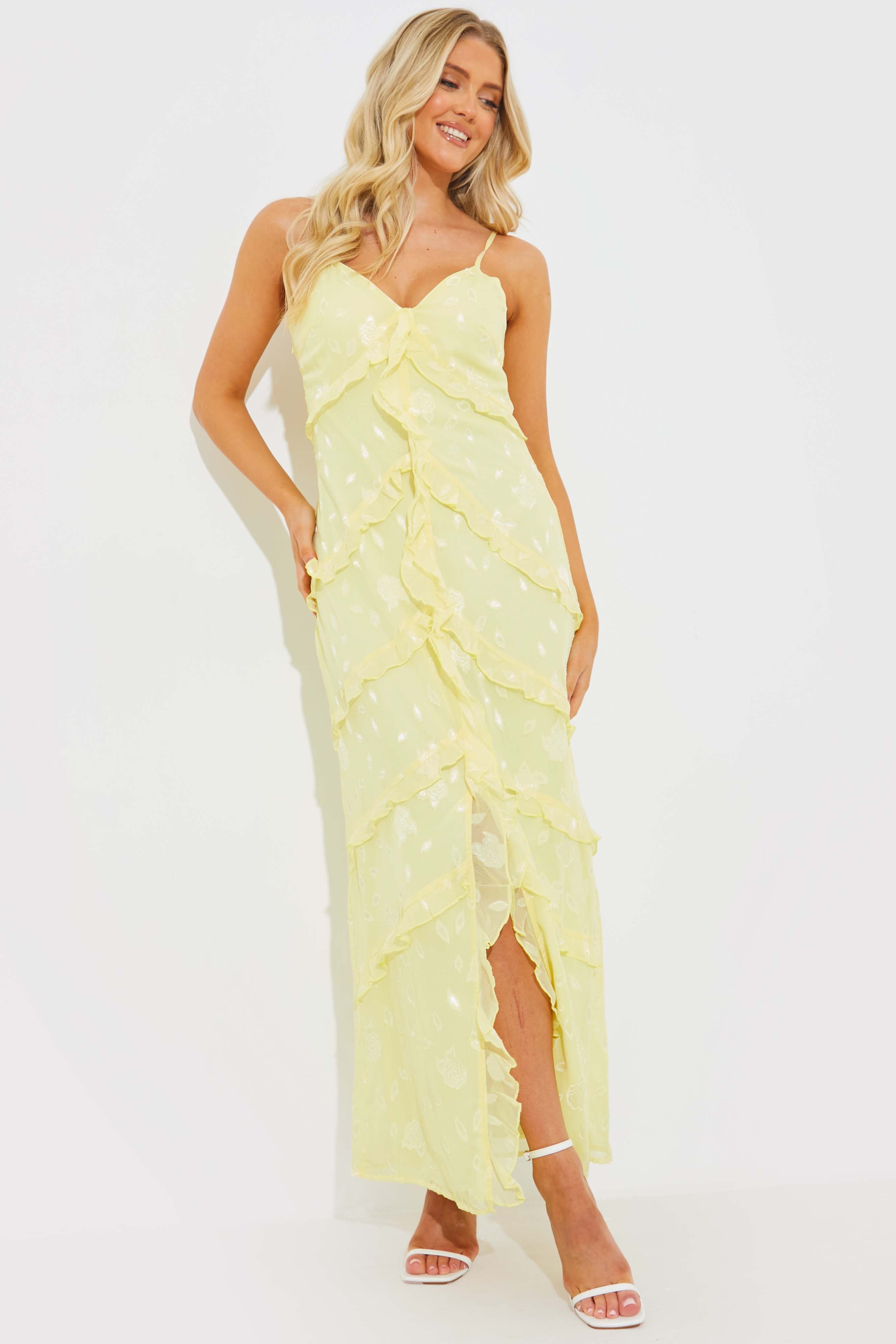 fitted lace wedding dress Strappy Floral Jacquard Ruffle Maxi Dress – InTheStyle