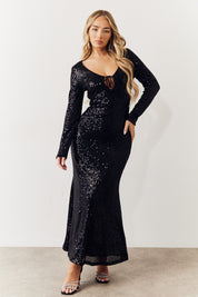 Black Long Sleeve Maxi Sequin Dress