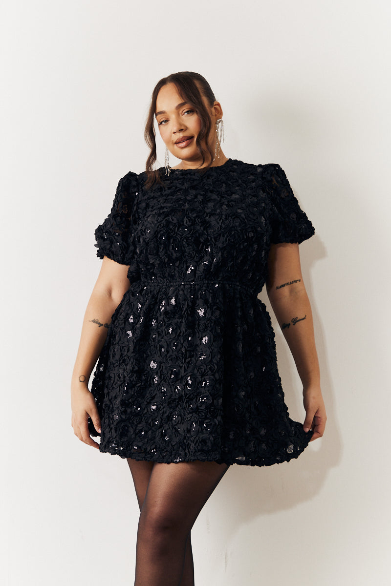 Black Sequin Floral Applique Fit and Flare Mini Dress InTheStyle Black Sequin Floral Applique Fit and Flare Mini Dress InTheStyle