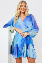 Tie Dye Godet Detail Wrap Swing Dress