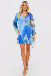 Tie Dye Godet Detail Wrap Swing Dress