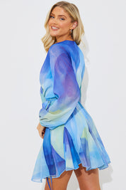 Tie Dye Godet Detail Wrap Swing Dress