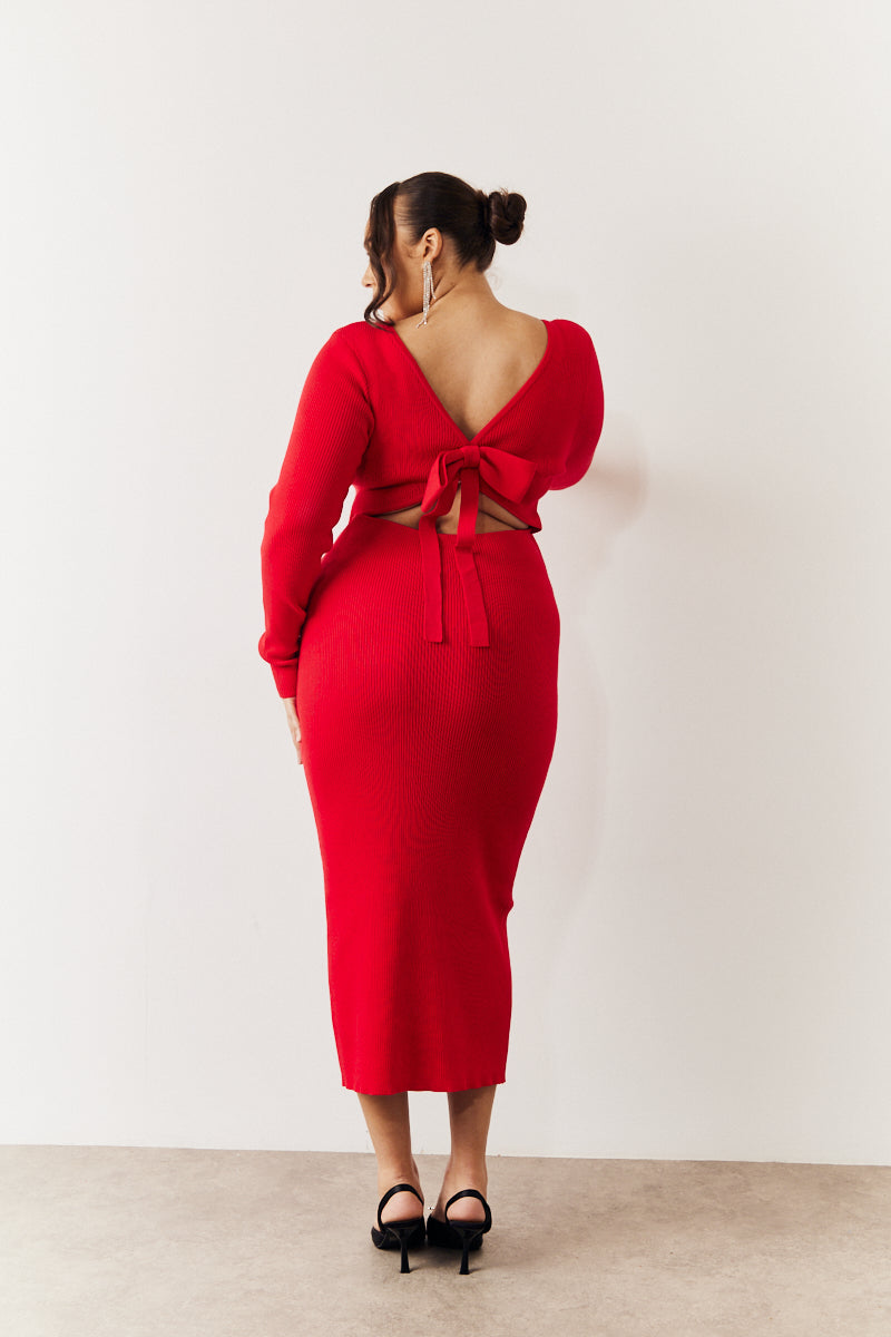 Red Bow Back Knitted Midaxi Dress