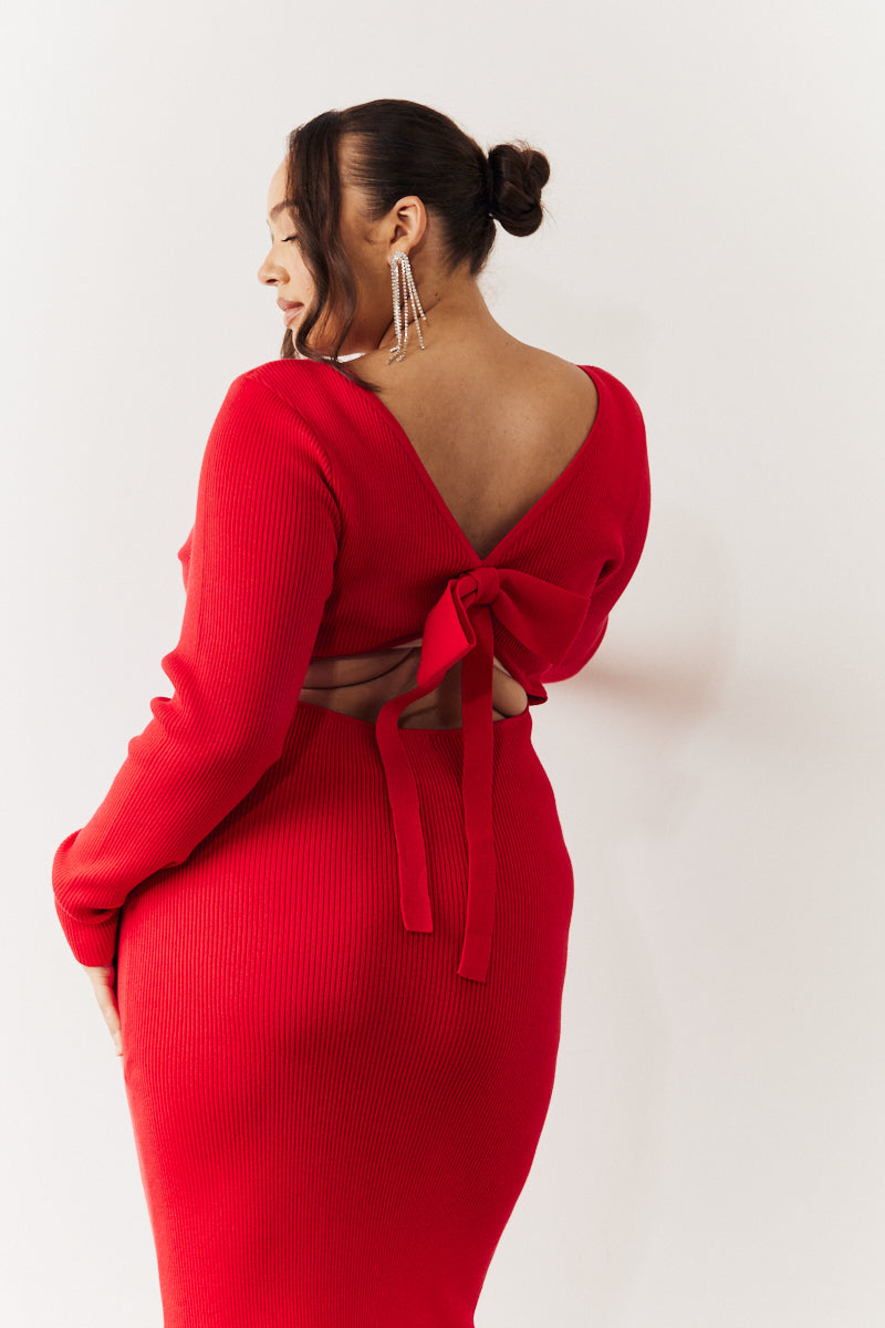 Red Bow Back Knitted Midaxi Dress