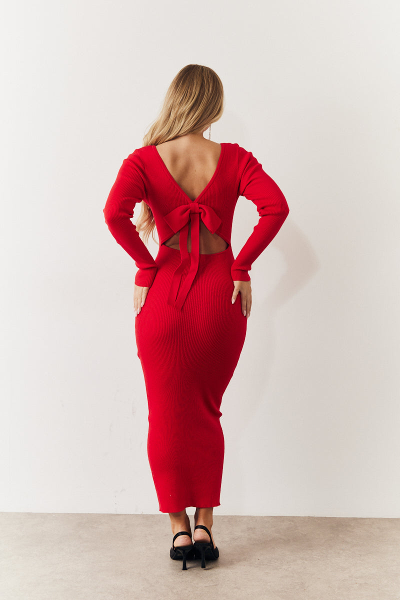Red Bow Back Knitted Midaxi Dress