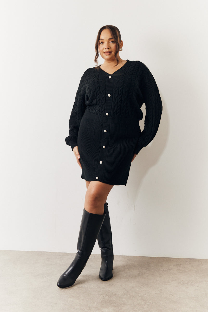 Cable Knitted Diamante Button Mini Dress