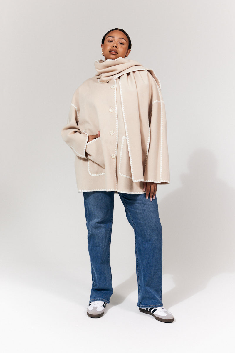 Scarf Detail Contrast Stitching Wool Blend Coat