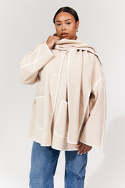 Scarf Detail Contrast Stitching Wool Blend Coat