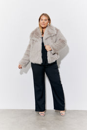 Grey Oversized Collared Faux Fur Coat
